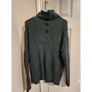 Aerie Waffle Knit Button Henley Mock Neck Sweater Forest Green Small Cozy Warm